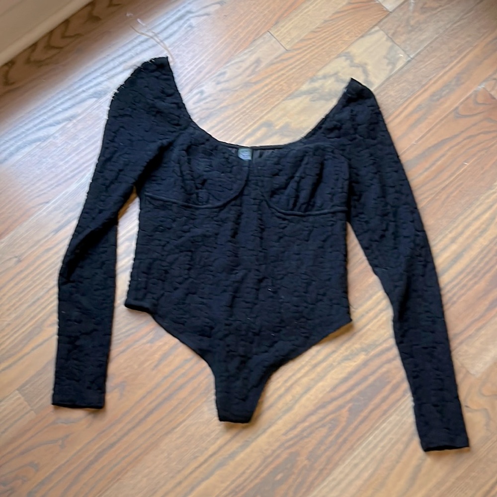 Black lace LS thong bodysuit